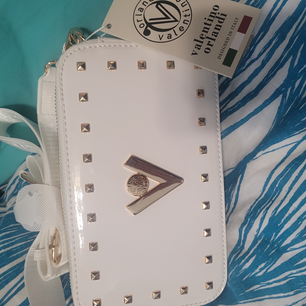 Valentino Orlandi Gold and White Crossbody Camera Bag with Studded Elegance